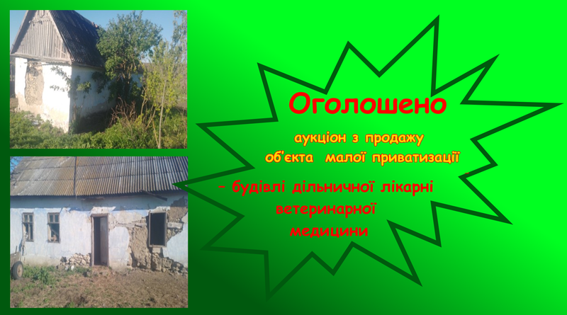 Оголошено аукціон з продажу об’єкта малої приватизації – будівлі дільничної лікарні ветеринарної медицини Оголошено аукціон з продажу об’єкта малої приватизації – будівлі дільничної лікарні ветеринарної медицини